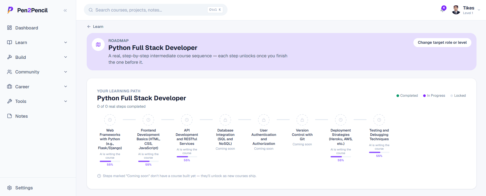 Pen2Pencil AI-built learning roadmap with step-by-step course sequence