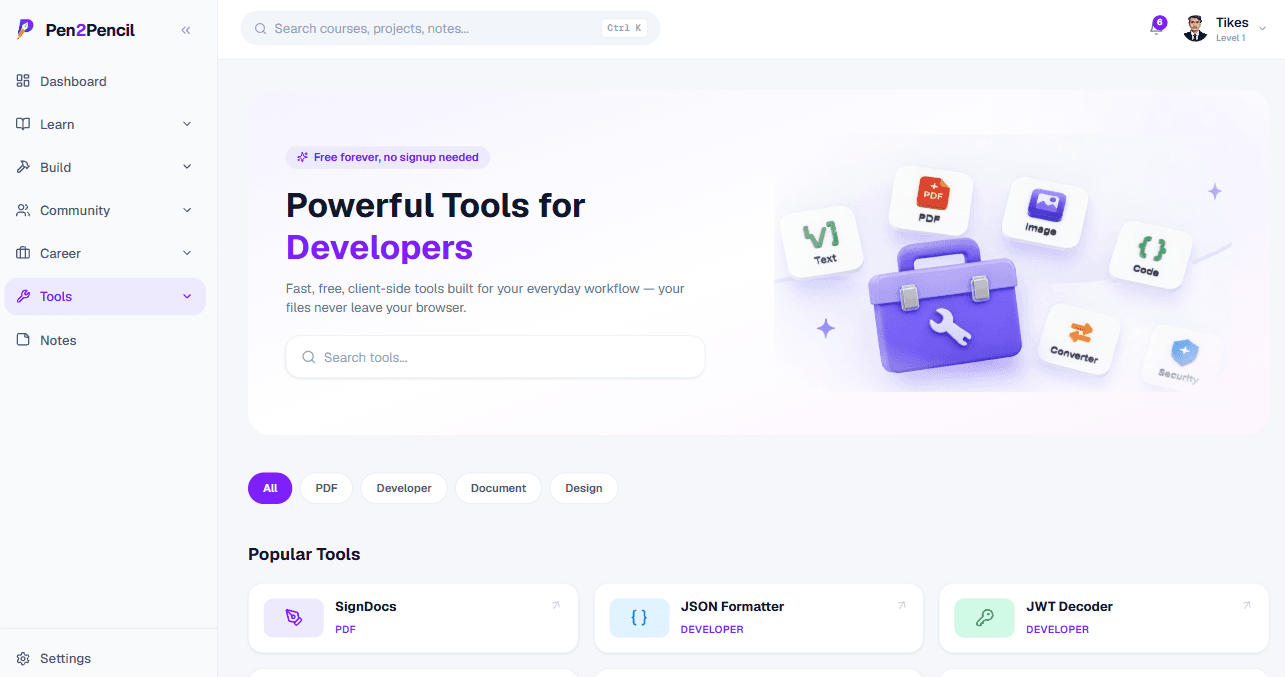Pen2Pencil developer tools hub with SignDocs, JSON Formatter, JWT Decoder and more