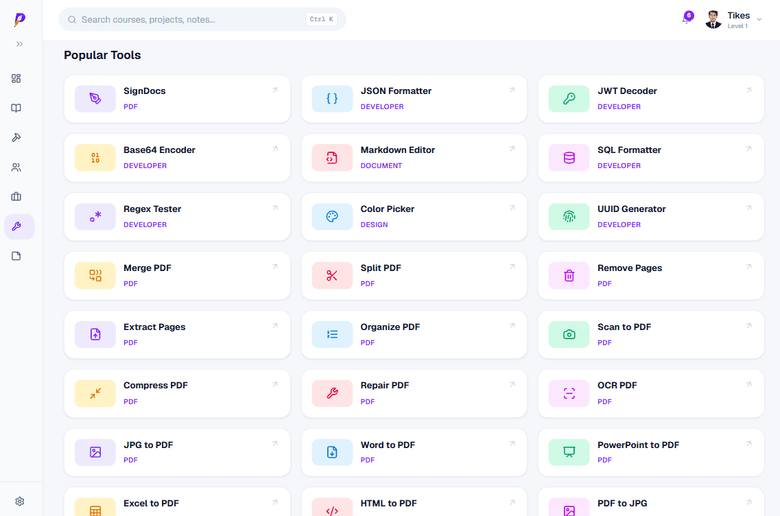Pen2Pencil tools page category filters with SignDocs, JSON Formatter and JWT Decoder cards